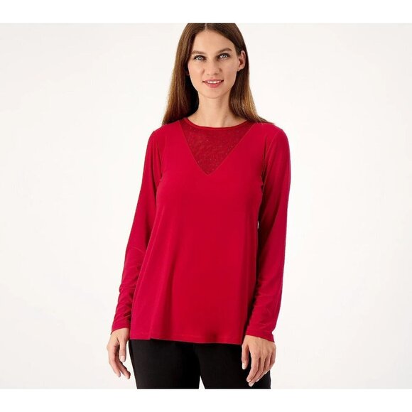 Dennis Basso Italia Knit Top with Embellished Mesh Carnelian Red,Small - Picture 1 of 1